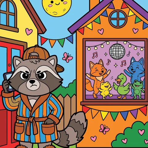 Rocco Raccoon in a bathrobe